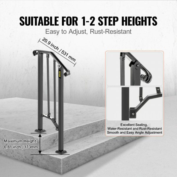 Handrails for Outdoor Steps, Fit 1 or 2 Steps Outdoor Stair Railing, Picket#1 Wrought Iron Handrail, Flexible Porch Railing, Black Transitional Handrails for Concrete Steps or Wooden Stairs  |   Building Supplies Building & Construction Building Supplies