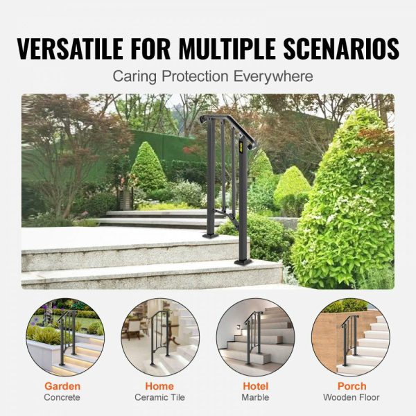 Handrails for Outdoor Steps, Fit 1 or 2 Steps Outdoor Stair Railing, Picket#1 Wrought Iron Handrail, Flexible Porch Railing, Black Transitional Handrails for Concrete Steps or Wooden Stairs  |   Building Supplies Building & Construction Building Supplies