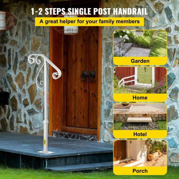 Handrails for Outdoor Steps, Fit 1 or 2 Steps Outdoor Stair Railing, Single Post Wrought Iron Handrail Flower Design, White Porch Railings for Concrete Steps or Wooden Stairs with Base  |   Stair Handrail Building & Construction Building Supplies