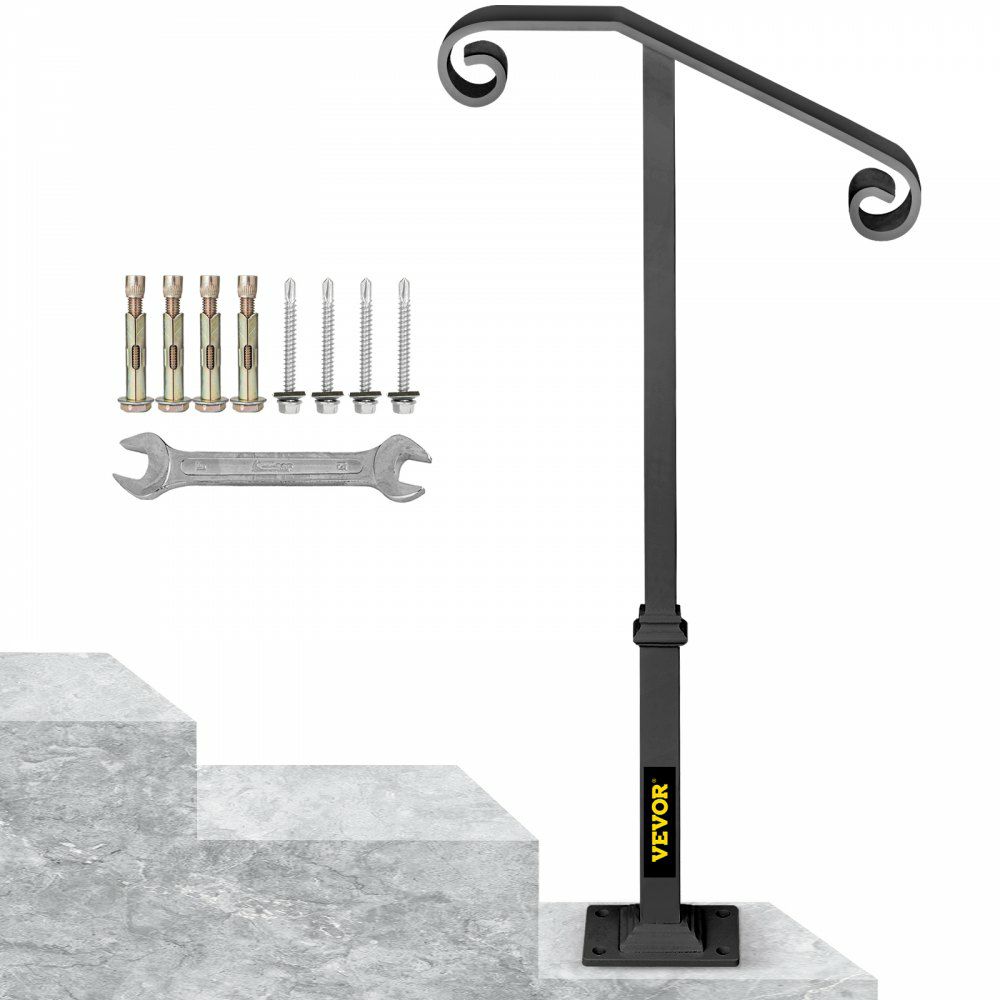 Handrails for Outdoor Steps, Fit 1 or 2 Steps Outdoor Stair Railing, Single Post Wrought Iron Handrail, Gray Transitional Porch Railings for Concrete Steps or Wooden Stairs with Base  |   Building Supplies Building & Construction Building Supplies