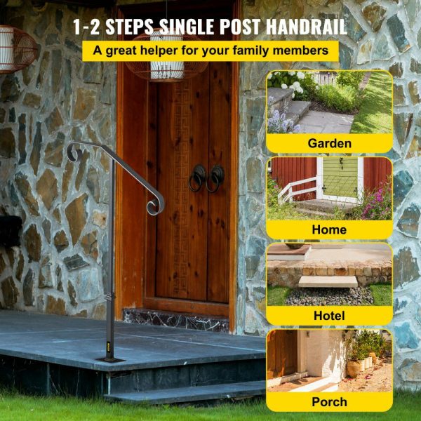 Handrails for Outdoor Steps, Fit 1 or 2 Steps Outdoor Stair Railing, Single Post Wrought Iron Handrail, Gray Transitional Porch Railings for Concrete Steps or Wooden Stairs with Base  |   Building Supplies Building & Construction Building Supplies