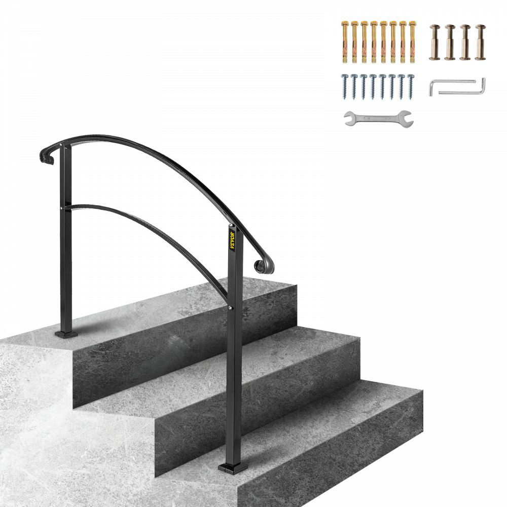 Handrails for Outdoor Steps, Fit 1 or 3 Steps Outdoor Stair Railing, Black Wrought Iron Handrail, Flexible Front Porch Hand Rail, Transitional Handrails for Concrete Steps or Wooden Stairs  |   Building Supplies Building & Construction Building Supplies