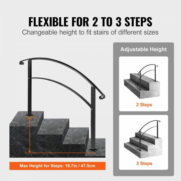 Handrails for Outdoor Steps, Fit 1 or 3 Steps Outdoor Stair Railing, Black Wrought Iron Handrail, Flexible Front Porch Hand Rail, Transitional Handrails for Concrete Steps or Wooden Stairs  |   Building Supplies Building & Construction Building Supplies