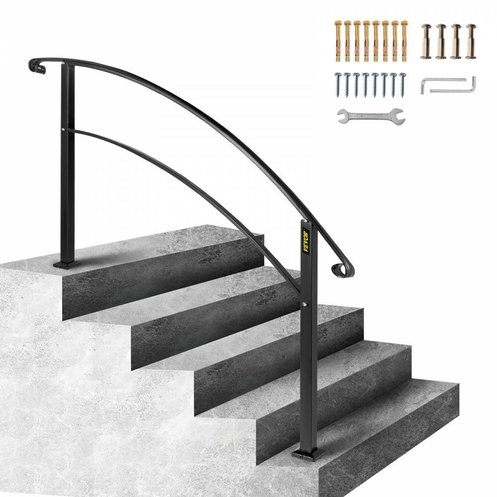 Handrails for Outdoor Steps, Fit 1 or 5 Steps Outdoor Stair Railing, Black Wrought Iron Handrail, Flexible Front Porch Hand Rail, Transitional Handrails for Concrete Steps or Wooden Stairs  |   Stainless Steel Stair Railing Building & Construction Building Supplies