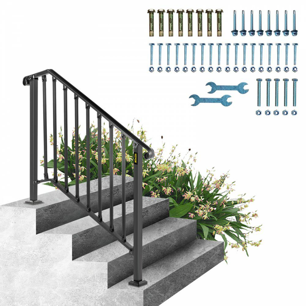 Handrails for Outdoor Steps, Fit 3 or 4 Steps Outdoor Stair Railing, Picket#3 Wrought Iron Handrail, Flexible Porch Railing, Black Transitional Handrails for Concrete Steps or Wooden Stairs  |   Stair Handrail Building & Construction Building Supplies