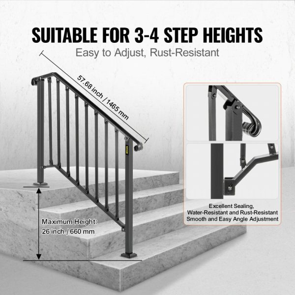 Handrails for Outdoor Steps, Fit 3 or 4 Steps Outdoor Stair Railing, Picket#3 Wrought Iron Handrail, Flexible Porch Railing, Black Transitional Handrails for Concrete Steps or Wooden Stairs  |   Stair Handrail Building & Construction Building Supplies