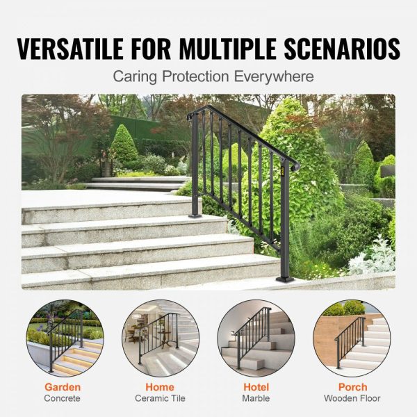 Handrails for Outdoor Steps, Fit 3 or 4 Steps Outdoor Stair Railing, Picket#3 Wrought Iron Handrail, Flexible Porch Railing, Black Transitional Handrails for Concrete Steps or Wooden Stairs  |   Stair Handrail Building & Construction Building Supplies