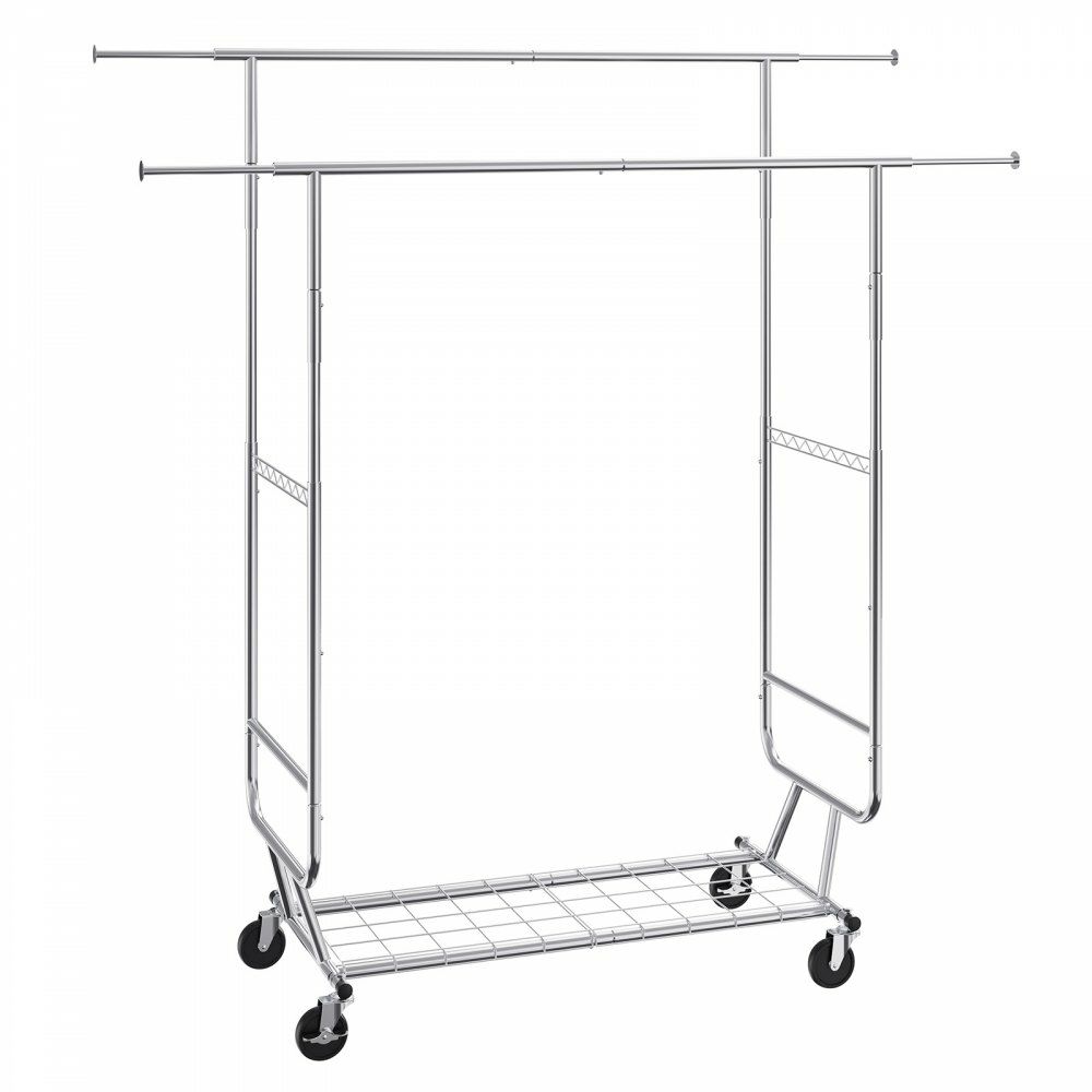 Heavy Duty Clothes Rack, Double Hanging Rod Clothing Garment Rack for Hanging Clothes, Adjustable Height and Extendable Length Clothing Rack with Bottom Storage Area, 600 lbs Load Capacity  |   Shelving & Storage Material Handling Shelving & Storage