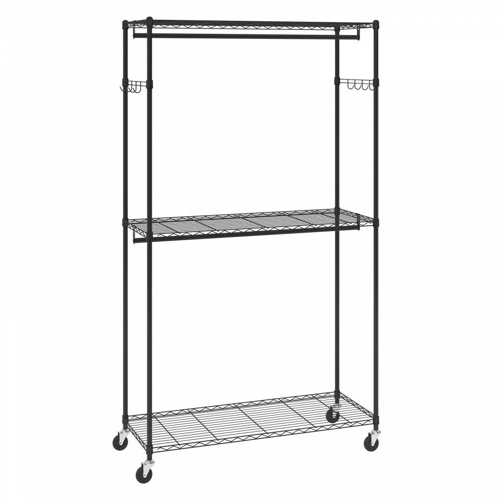 Heavy Duty Clothes Rack, Rolling Clothing Garment Rack with 3 Storage Tiers, 2 Rods and 2 Pairs Side Hooks, Adjustable Height Clothing Rack Closet for Hanging Clothes, 400 Lbs Load Capacity  |   Shelving & Storage Material Handling Shelving & Storage