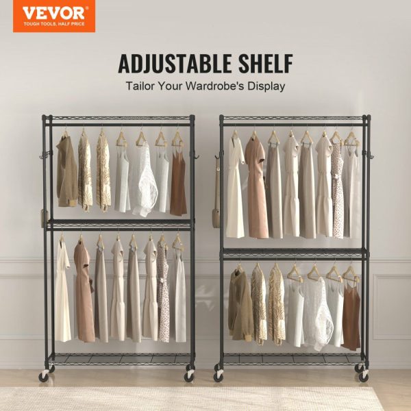 Heavy Duty Clothes Rack, Rolling Clothing Garment Rack with 3 Storage Tiers, 2 Rods and 2 Pairs Side Hooks, Adjustable Height Clothing Rack Closet for Hanging Clothes, 400 Lbs Load Capacity  |   Shelving & Storage Material Handling Shelving & Storage