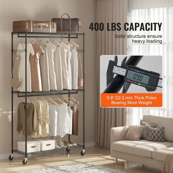 Heavy Duty Clothes Rack, Rolling Clothing Garment Rack with 3 Storage Tiers, 2 Rods and 2 Pairs Side Hooks, Adjustable Height Clothing Rack Closet for Hanging Clothes, 400 Lbs Load Capacity  |   Shelving & Storage Material Handling Shelving & Storage