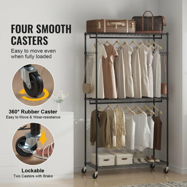 Heavy Duty Clothes Rack, Rolling Clothing Garment Rack with 3 Storage Tiers, 2 Rods and 2 Pairs Side Hooks, Adjustable Height Clothing Rack Closet for Hanging Clothes, 400 Lbs Load Capacity  |   Shelving & Storage Material Handling Shelving & Storage