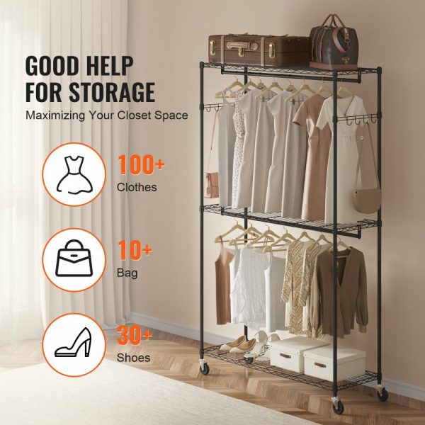 Heavy Duty Clothes Rack, Rolling Clothing Garment Rack with 3 Storage Tiers, 2 Rods and 2 Pairs Side Hooks, Adjustable Height Clothing Rack Closet for Hanging Clothes, 400 Lbs Load Capacity  |   Shelving & Storage Material Handling Shelving & Storage