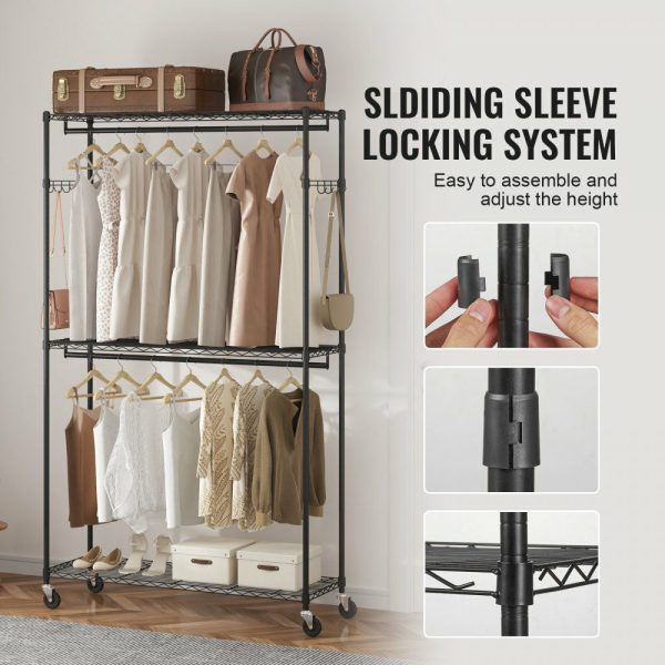 Heavy Duty Clothes Rack, Rolling Clothing Garment Rack with 3 Storage Tiers, 2 Rods and 2 Pairs Side Hooks, Adjustable Height Clothing Rack Closet for Hanging Clothes, 400 Lbs Load Capacity  |   Shelving & Storage Material Handling Shelving & Storage