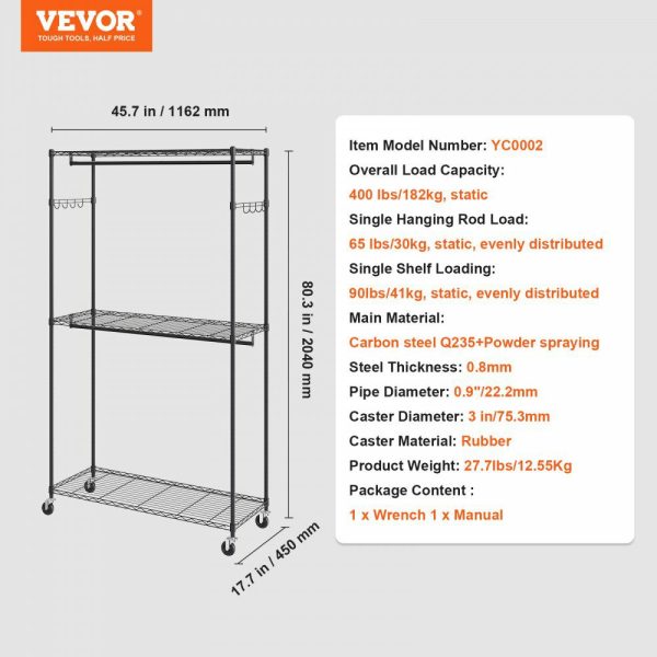 Heavy Duty Clothes Rack, Rolling Clothing Garment Rack with 3 Storage Tiers, 2 Rods and 2 Pairs Side Hooks, Adjustable Height Clothing Rack Closet for Hanging Clothes, 400 Lbs Load Capacity  |   Shelving & Storage Material Handling Shelving & Storage