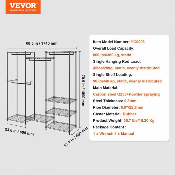 Heavy Duty Clothes Rack, Rolling Clothing Garment Rack with 4 Hang Rods & 8 Storage Tiers, Adjustable Custom Closet Rack, Freestanding Wardrobe for Hanging Clothes, 800 lbs Load Capacity  |   Shelving & Storage Material Handling Shelving & Storage