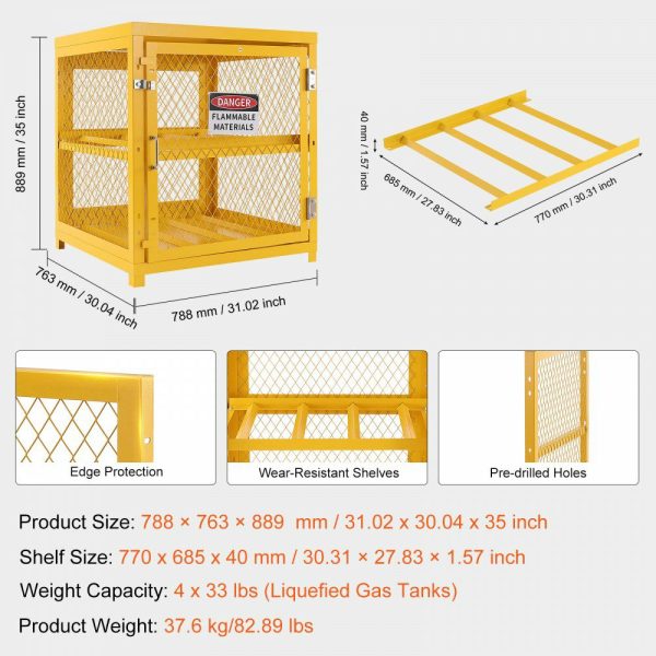 Horizontal Cylinder Storage Cabinet, 4 x 33 lbs Cylinder Capacity, 31.02×30.04×35 inch Propane Storage Cage, Gas Cylinder Cabinet, Yellow Powder Coat Finish, for Freon, Gases, Oxygen, Nitrogen  |   Shelving & Storage Material Handling Shelving & Storage