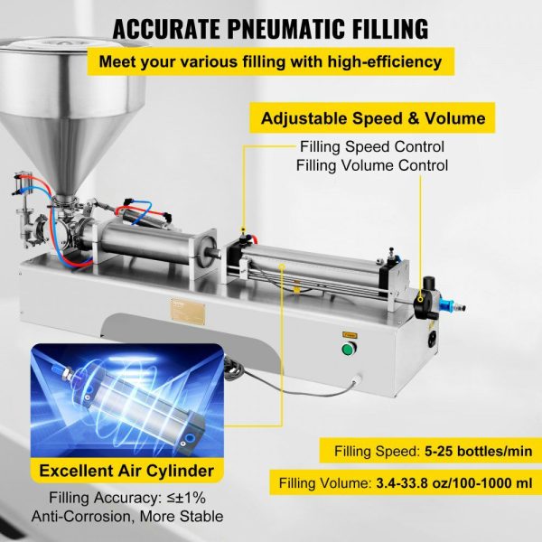 Horizontal Pneumatic Liquid Paste Filling Machine 100-1000ML Volume, Pneumatic Paste Filling Machine Single Head, Cream Filling Machine 30L Hopper for Liquid and Paste  |   Filling & Sealing Machine Filling & Sealing Machine Filling & Sealing Machine