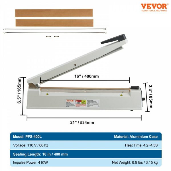 Impulse Sealer 16 inch, Manual Heat Sealing Machine with Adjustable Heating Mode, Aluminum Shrink Wrap Bag Sealers for Plastic Mylar PE PP Bags, Portable Poly Bag Sealer with Extra Replace Kit  |   Filling & Sealing Machine Filling & Sealing Machine Filling & Sealing Machine