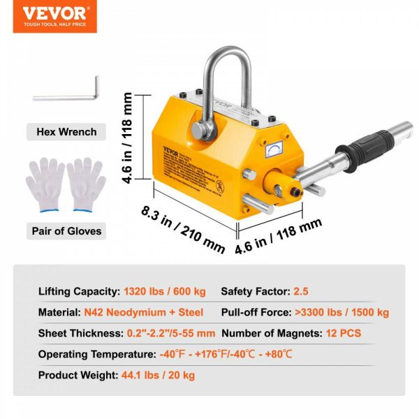 Magnetic Lifter, 1320 lbs/600kg Pulling Capacity, 2.5 Safety Factor, Steel and Neodymium, Lifting Magnet with Release, Permanent Lift Magnets, Heavy Duty Magnet for Hoist, Block, Shop Crane  |   Hoists & Winches & Rigging Hoists & Winches & Rigging Hoists & Winches & Rigging