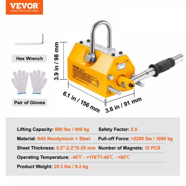 Magnetic Lifter, 880 lbs/400 kg Pulling Capacity, 2.5 Safety Factor, Neodymium & Steel, Lifting Magnet with Release, Permanent Lift Magnets, Heavy Duty Magnet for Hoist, Shop Crane, Block, Board  |   Hoists & Winches & Rigging Hoists & Winches & Rigging Hoists & Winches & Rigging