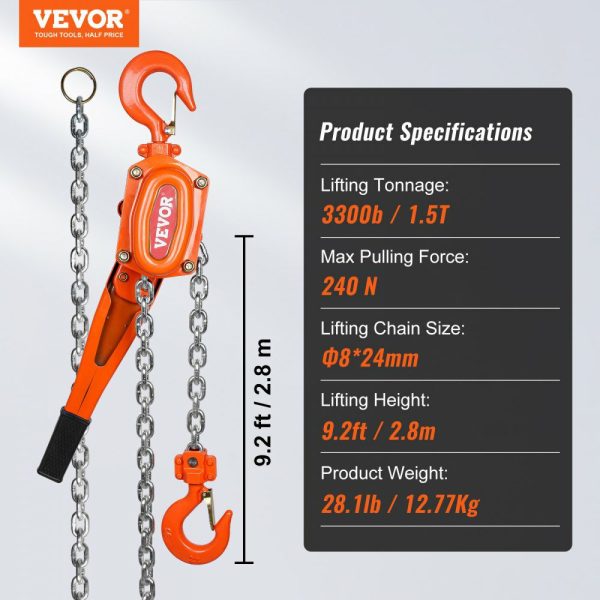 Manual Lever Chain Hoist, 1-1/2 Ton 3300 lbs Capacity 10 FT Come Along, G80 Galvanized Carbon Steel with Weston Double-Pawl Brake,Auto Chain Leading & 360° Rotation Hook, for Garage Factory Dock  |   Hoists & Winches & Rigging Hoists & Winches & Rigging Hoists & Winches & Rigging