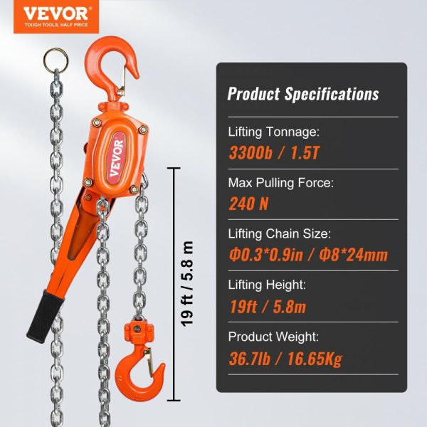 Manual Lever Chain Hoist, 1-1/2 Ton 3300 lbs Capacity 20 FT Come Along, G80 Galvanized Carbon Steel with Weston Double-Pawl Brake,Auto Chain Leading & 360° Rotation Hook, for Garage Factory Dock  |   Hoists & Winches & Rigging Hoists & Winches & Rigging Hoists & Winches & Rigging