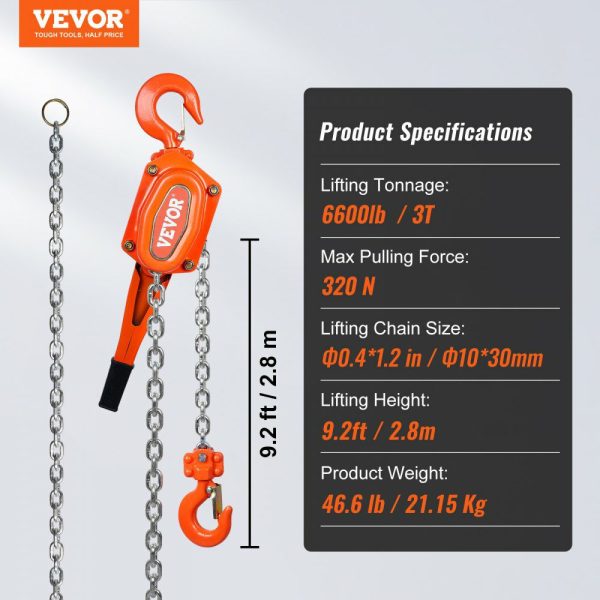 Manual Lever Chain Hoist, 3 Ton 6600 lbs Capacity 10 FT Come Along, G80 Galvanized Carbon Steel with Weston Double-Pawl Brake, Auto Chain Leading & 360° Rotation Hook, for Garage Factory Dock  |   Hoists & Winches & Rigging Hoists & Winches & Rigging Hoists & Winches & Rigging