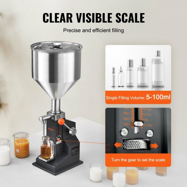 Manual Paste Liquid Filling Machine, 5-100ml Bottle Filler, Adjustable Bottle Filling Machine, Stainless Steel Liquid Filler with Hopper for Milk Water Juice Essential Oil Shampoo Cosmetic Honey  |   Filling & Sealing Machine Filling & Sealing Machine Filling & Sealing Machine