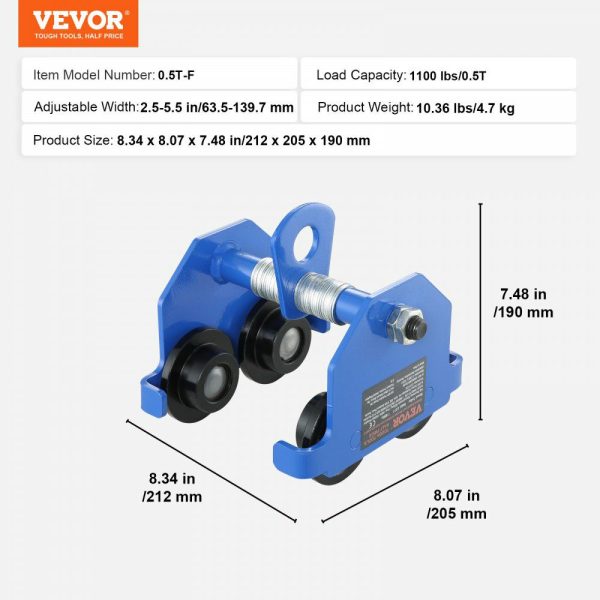 Manual Trolley, 1100 lbs/0.5 Ton Load Capacity Push Beam Trolley with Dual Wheels, Adjustable for I-Beam Flange Width 2.5″ to 5.5″, Heavy Duty Alloy Steel Garage Hoist for Straight Curved I Beam  |   Hoists & Winches & Rigging Hoists & Winches & Rigging Hoists & Winches & Rigging