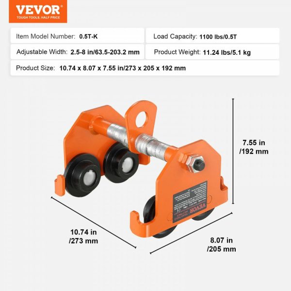 Manual Trolley, 1100 lbs/0.5 Ton Load Capacity, Push Beam Trolley with Dual Wheels, Adjustable for I-Beam Flange Width 2.5″ to 8″, Heavy Duty Alloy Steel Garage Hoist for Straight Curved I Beam  |   Hoists & Winches & Rigging Hoists & Winches & Rigging Hoists & Winches & Rigging