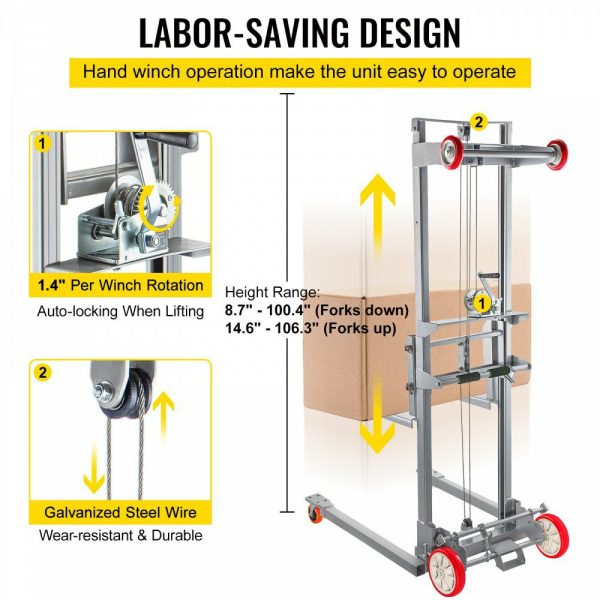 Manual Winch Stacker, 43.3″ Length, 27.6″ Width, 76.4″ Height, 8.7″ – 106.3″ Height Range, Adjustable Straddle Hand Winch Lift Truck, 441 lbs Capacity, Material Lifts for Warehouse and Factory  |   Hoists & Winches & Rigging Hoists & Winches & Rigging Hoists & Winches & Rigging