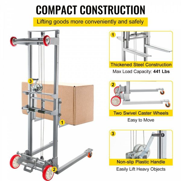 Manual Winch Stacker, 43.3″ Length, 27.6″ Width, 76.4″ Height, 8.7″ – 106.3″ Height Range, Adjustable Straddle Hand Winch Lift Truck, 441 lbs Capacity, Material Lifts for Warehouse and Factory  |   Hoists & Winches & Rigging Hoists & Winches & Rigging Hoists & Winches & Rigging