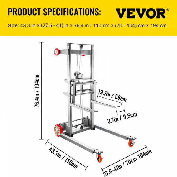 Manual Winch Stacker, 43.3″ Length, 27.6″ Width, 76.4″ Height, 8.7″ – 106.3″ Height Range, Adjustable Straddle Hand Winch Lift Truck, 441 lbs Capacity, Material Lifts for Warehouse and Factory  |   Hoists & Winches & Rigging Hoists & Winches & Rigging Hoists & Winches & Rigging