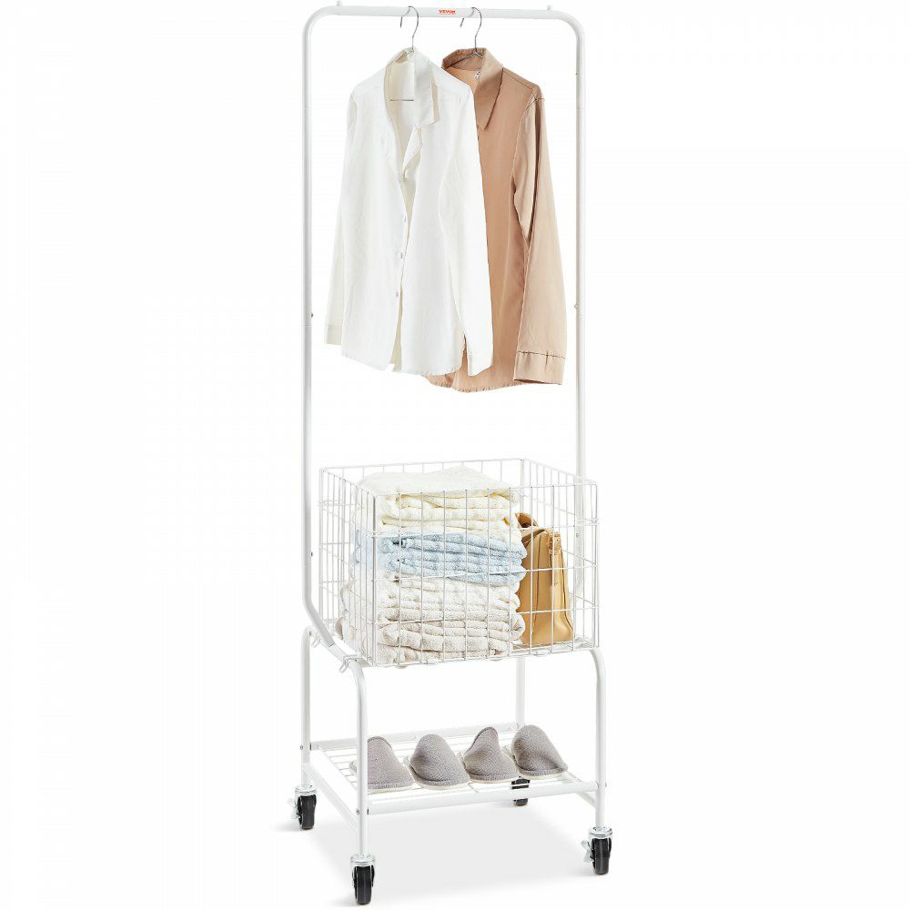 Metal Rolling Laundry Basket with Hanging Garment Rack, Height Adjustment Laundry Hamper Cart with Basket Load and Shelf Load, Storage Organizer with Heavy Duty Lockable Wheels  |   Carts & Trucks Carts & Trucks Carts & Trucks