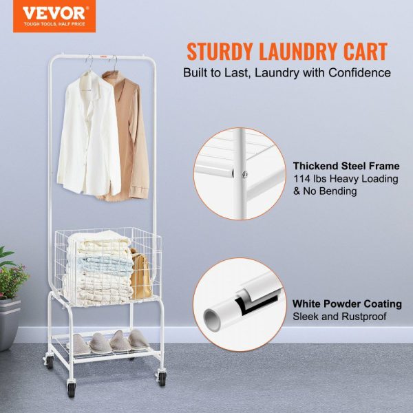 Metal Rolling Laundry Basket with Hanging Garment Rack, Height Adjustment Laundry Hamper Cart with Basket Load and Shelf Load, Storage Organizer with Heavy Duty Lockable Wheels  |   Carts & Trucks Carts & Trucks Carts & Trucks