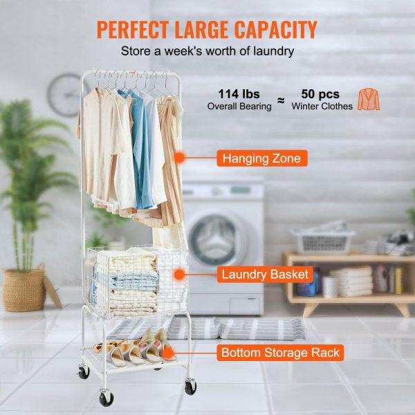 Metal Rolling Laundry Basket with Hanging Garment Rack, Height Adjustment Laundry Hamper Cart with Basket Load and Shelf Load, Storage Organizer with Heavy Duty Lockable Wheels  |   Carts & Trucks Carts & Trucks Carts & Trucks