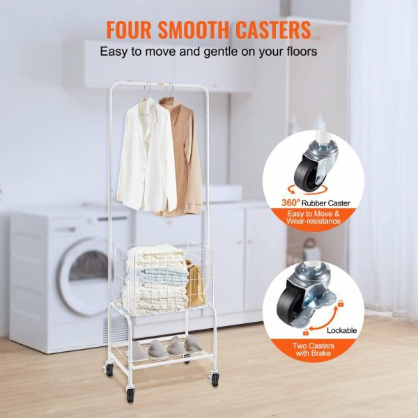 Metal Rolling Laundry Basket with Hanging Garment Rack, Height Adjustment Laundry Hamper Cart with Basket Load and Shelf Load, Storage Organizer with Heavy Duty Lockable Wheels  |   Carts & Trucks Carts & Trucks Carts & Trucks