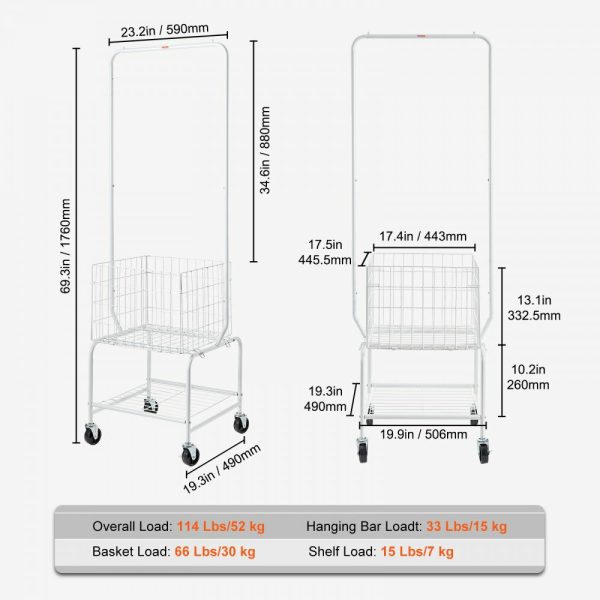 Metal Rolling Laundry Basket with Hanging Garment Rack, Height Adjustment Laundry Hamper Cart with Basket Load and Shelf Load, Storage Organizer with Heavy Duty Lockable Wheels  |   Carts & Trucks Carts & Trucks Carts & Trucks