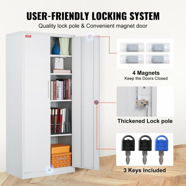 Metal Storage Cabinet, Steel Locking Storage Cabinet with 2 Magnetic Doors and 4 Adjustable Shelves, 71” Metal Cabinet 200 lbs Capacity per Shelf with 3 Keys, for Garage, Office, Home, White All White |   Shelving & Storage Material Handling All White