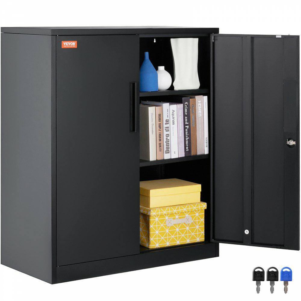 Metal Storage Cabinet with 2 Magnetic Doors and 2 Adjustable Shelves, 200 lbs Capacity per Shelf, Locking Steel Storage Cabinet, 42” Metal Cabinet with 3 Keys, for Home, Office, Garage All Black |   Shelving & Storage Material Handling All Black