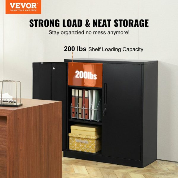 Metal Storage Cabinet with 2 Magnetic Doors and 2 Adjustable Shelves, 200 lbs Capacity per Shelf, Locking Steel Storage Cabinet, 42” Metal Cabinet with 3 Keys, for Home, Office, Garage All Black |   Shelving & Storage Material Handling All Black