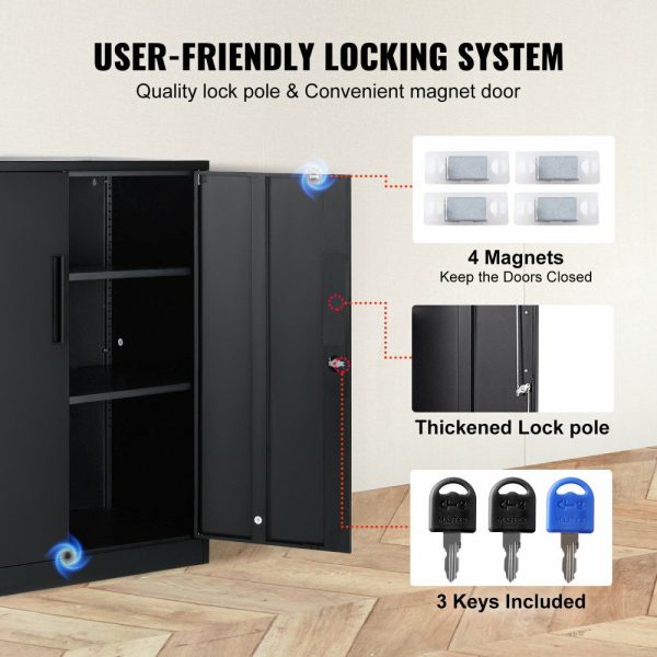 Metal Storage Cabinet with 2 Magnetic Doors and 2 Adjustable Shelves, 200 lbs Capacity per Shelf, Locking Steel Storage Cabinet, 42” Metal Cabinet with 3 Keys, for Home, Office, Garage All Black |   Shelving & Storage Material Handling All Black