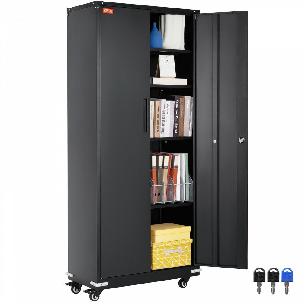 Metal Storage Cabinet with Wheels, 75 in Locking Cabinet with 4 Adjustable Shelves & 2 Magnetic Doors, 200 lbs Capacity per Shelf, Metal Cabinet with 3 Keys for Home, Office, Garage, Black  |   Shelving & Storage Material Handling Shelving & Storage