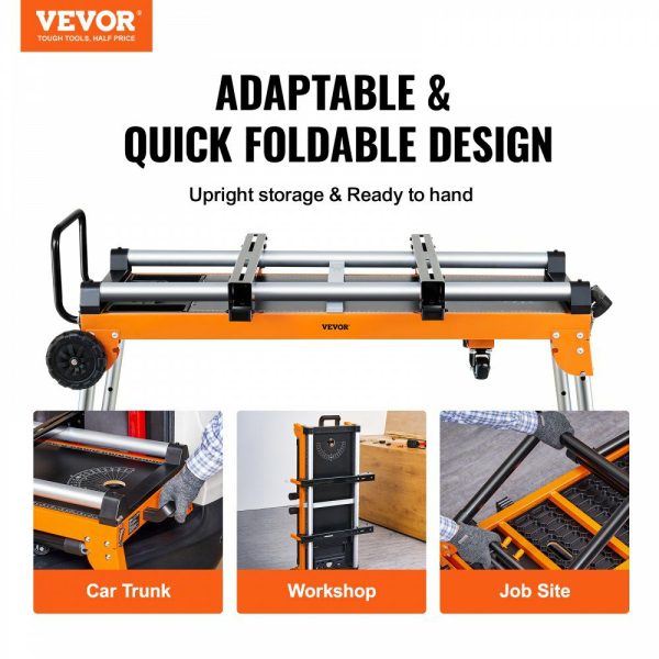 Miter Saw Stand, 42in Collapsible Rolling Miter Saw Stand with Onboard Outlets, 5-in-1 Detachable Miter Saw Stand, Height Adjustable, 330lbs Load Capacity for Scaffold/Dolly/Creeper/Platform  |   Workbenches & Accessories Material Handling Workbenches & Accessories