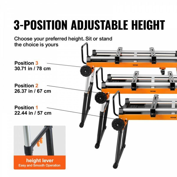 Miter Saw Stand, 42in Collapsible Rolling Miter Saw Stand with Onboard Outlets, 5-in-1 Detachable Miter Saw Stand, Height Adjustable, 330lbs Load Capacity for Scaffold/Dolly/Creeper/Platform  |   Workbenches & Accessories Material Handling Workbenches & Accessories