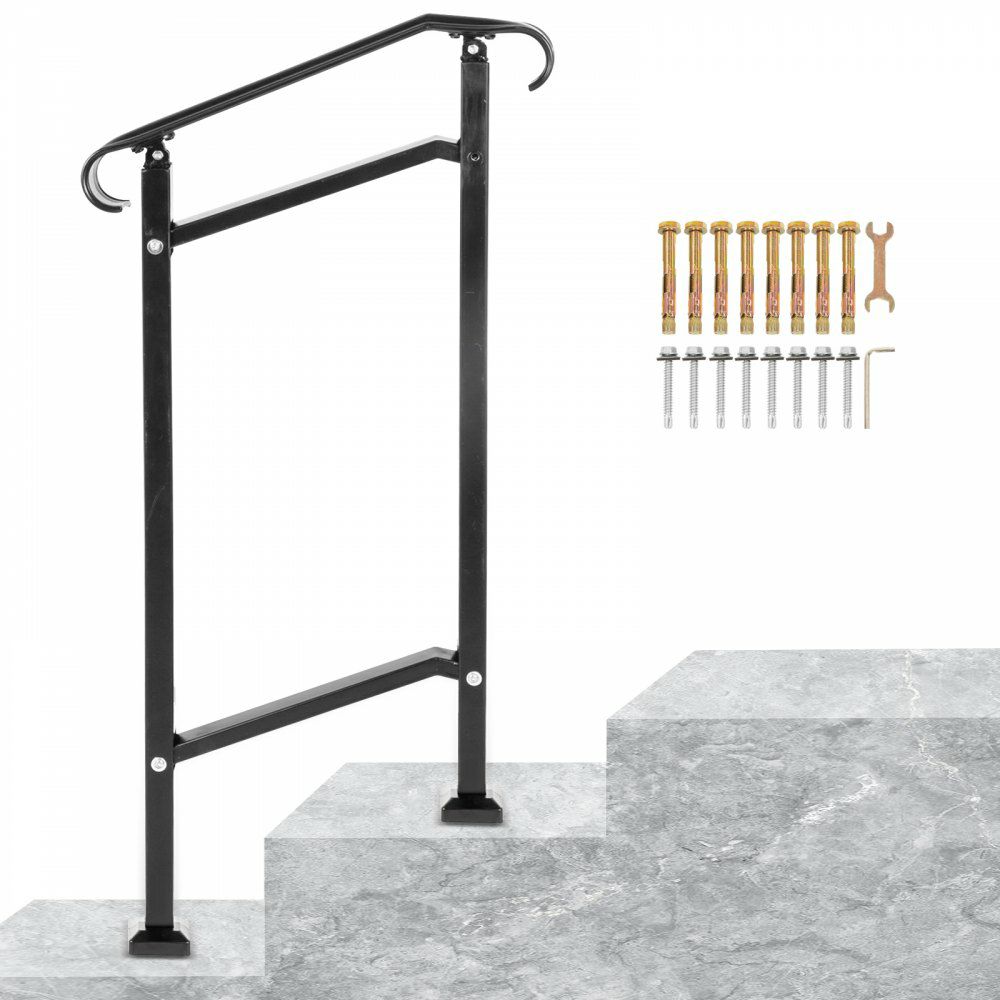 Outdoor Stair Railing, Fit 1 or 2 Steps Wrought Iron Handrail, Adjustable Front Porch Hand Railings, Black Transitional Hand Rail for Concrete Steps or Wooden Stairs with Installation Kit  |   Stair Handrail Building & Construction Building Supplies