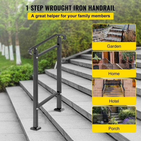 Outdoor Stair Railing, Fit 1 or 2 Steps Wrought Iron Handrail, Adjustable Front Porch Hand Railings, Black Transitional Hand Rail for Concrete Steps or Wooden Stairs with Installation Kit  |   Stair Handrail Building & Construction Building Supplies