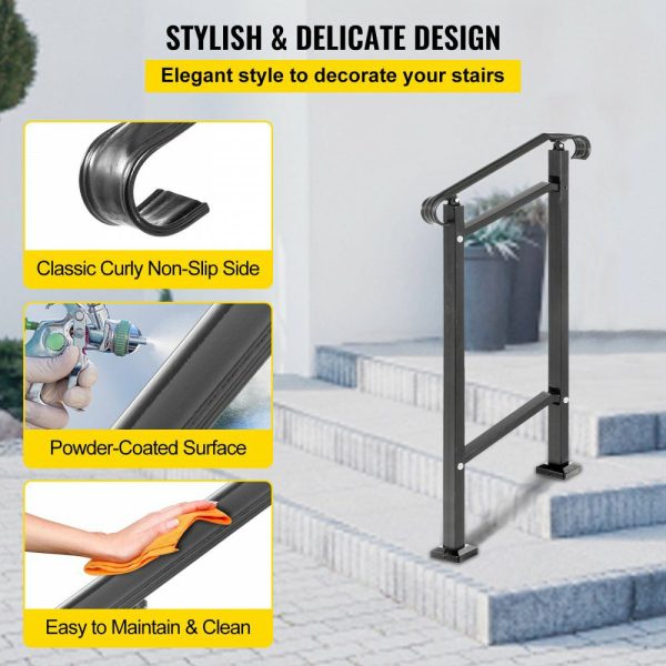 Outdoor Stair Railing, Fit 1 or 2 Steps Wrought Iron Handrail, Adjustable Front Porch Hand Railings, Black Transitional Hand Rail for Concrete Steps or Wooden Stairs with Installation Kit  |   Stair Handrail Building & Construction Building Supplies