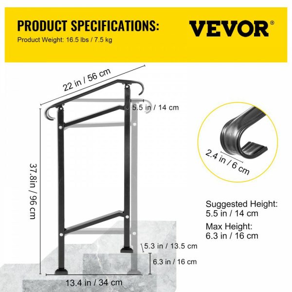 Outdoor Stair Railing, Fit 1 or 2 Steps Wrought Iron Handrail, Adjustable Front Porch Hand Railings, Black Transitional Hand Rail for Concrete Steps or Wooden Stairs with Installation Kit  |   Stair Handrail Building & Construction Building Supplies